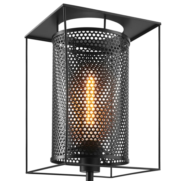 Luxe Black Table Lamp with rustic industrial style, black metal geometric frame, perforated cylindrical shade, rotary switch, and USB/USB-C ports.