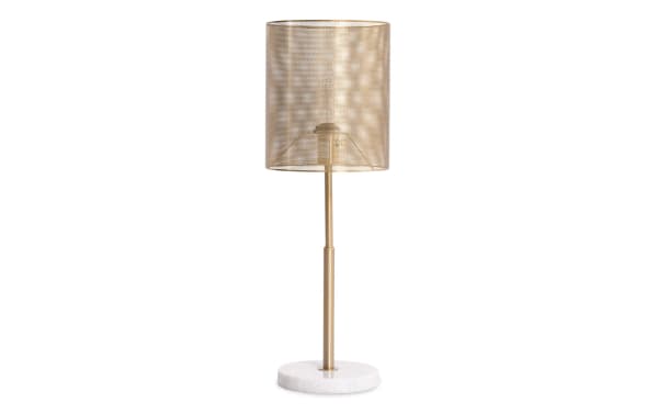 Celine Gold Table Lamp with glam golden metal shade and faux marble round base, offering dramatic and dazzling ambient lighting.