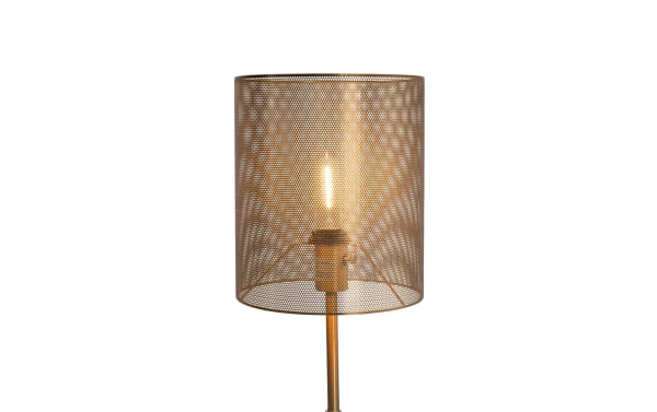 Celine Gold Table Lamp with glam perforated golden metal shade and faux marble base, offering dramatic and dazzling ambient lighting.