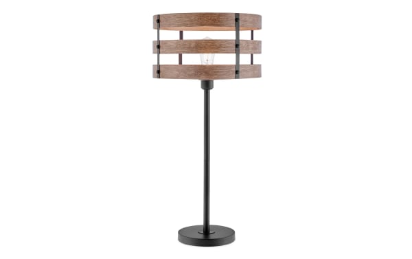 Reagan Black & Brown Table Lamp with rustic wood slat shade and black metal base, featuring USB and USB-C charging ports for bedside use.