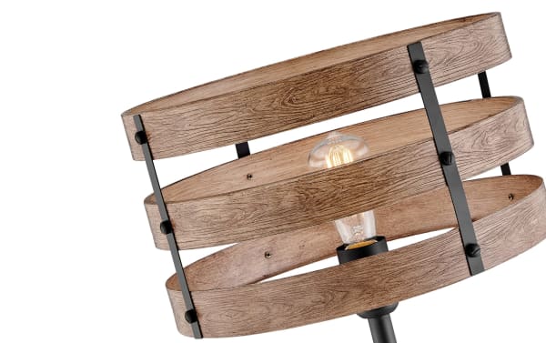 Rustic Reagan Black & Brown Table Lamp with wood grain metal rings, black metal supports, Edison bulb, and USB/USB-C charging ports.