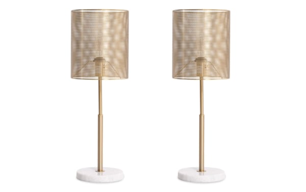 Set of 2 Celine Gold Table Lamps with glam gold metal mesh shades and round white faux marble bases for elegant home lighting.