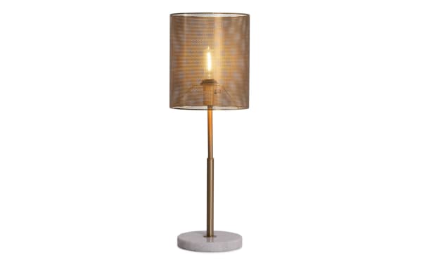 Celine Gold Table Lamp with glam golden metal shade and faux marble base, offering dramatic, dazzling lighting for stylish interiors.