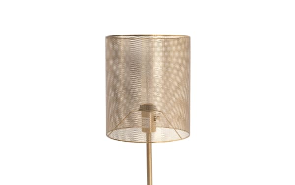 Glam Celine Gold Table Lamp with perforated metal shade and faux marble base, offering dramatic golden lighting for stylish interiors.