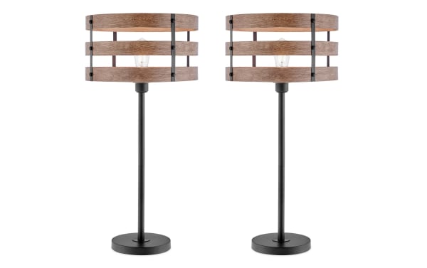 Set of 2 Reagan Black & Brown rustic table lamps with metal base, wooden slat shades, and built-in USB/USB-C charging ports for bedside use.
