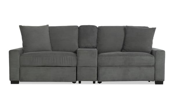 Aspen Charcoal 102'' Power Reclining Console Loveseat in gray polyester fabric, transitional style with USB & USB-C ports, plush memory foam cushions, and storage console.
