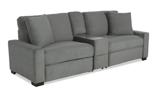 Aspen Charcoal 102'' Power Reclining Console Loveseat in gray polyester fabric with plush cushions, USB & USB-C ports, and transitional style.