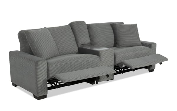 Charcoal gray Aspen Power transitional loveseat with plush polyester fabric, power reclining seats, center console with storage, USB and USB-C ports, and accent pillows.