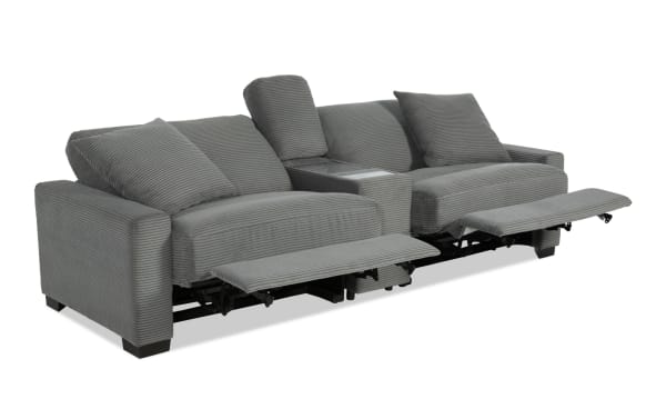 Charcoal gray Aspen Power 102'' transitional loveseat with plush polyester fabric, power reclining seats, console storage, USB & USB-C ports, and accent pillows.