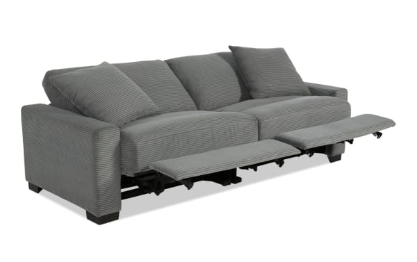 Aspen Charcoal 88'' Power Reclining Loveseat in gray polyester fabric with plush cushions, USB & USB-C ports, and transitional style.