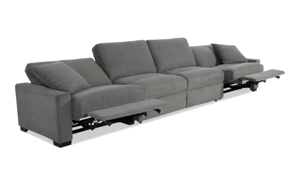 Charcoal gray Aspen Power transitional 188" fabric polyester reclining sectional sofa with pop-up sleeper, USB/USB-C ports, and plush cushions.
