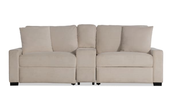 Aspen Beige 102'' Power Reclining Console Loveseat in beige polyester fabric with plush cushions, USB/USB-C ports, and transitional style.