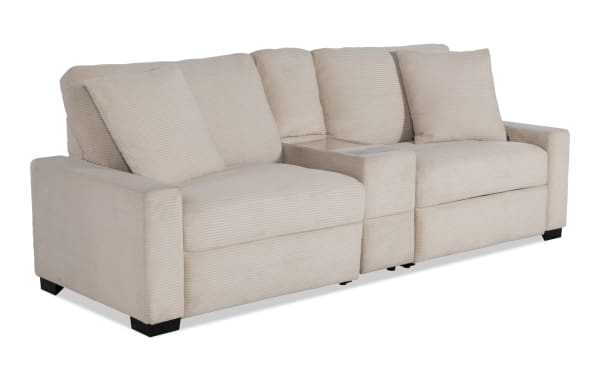 Aspen Beige 102'' Power Reclining Console Loveseat in beige polyester fabric with plush cushions, USB & USB-C ports, and transitional style.
