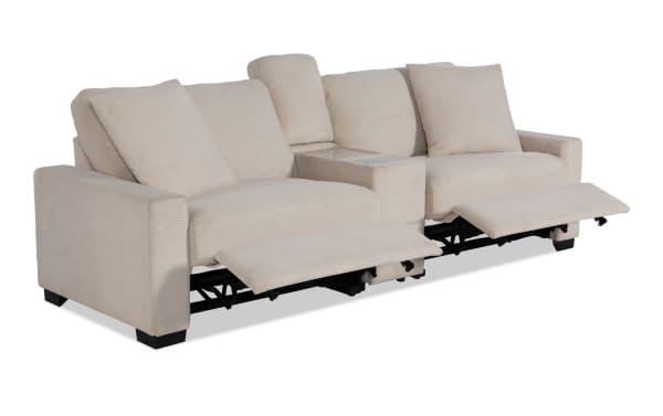 Beige Aspen Power transitional 102" loveseat with plush polyester fabric, power reclining seats, center console, USB & USB-C ports, and accent pillows.