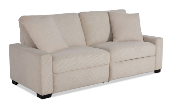 Beige Aspen Power transitional 88-inch loveseat with plush polyester fabric, power reclining seats, USB and USB-C ports, and matching accent pillows.