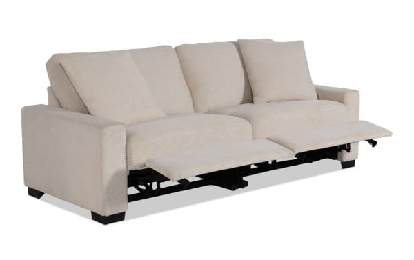 Aspen Beige 88'' power reclining loveseat in beige polyester fabric with plush cushions, accent pillows, and USB/USB-C ports, transitional style.