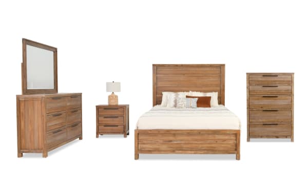 Canyon 5 Piece Queen Light Oak Panel Bedroom Set in transitional style with MDF, acacia veneers, includes queen bed, dresser with mirror, nightstand, and five-drawer chest, all in light oak finish with felt-lined drawers and paneled headboard.