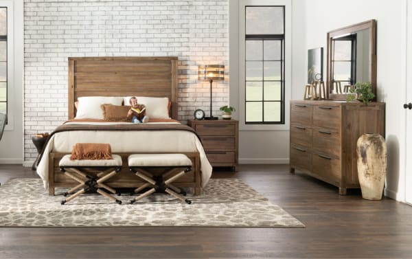 Transitional Canyon 5 Piece Queen Light Oak Panel Bedroom Set with MDF, Acacia Veneers, featuring a paneled headboard, felt-lined drawers, bench seating, dresser with mirror, and nightstand.