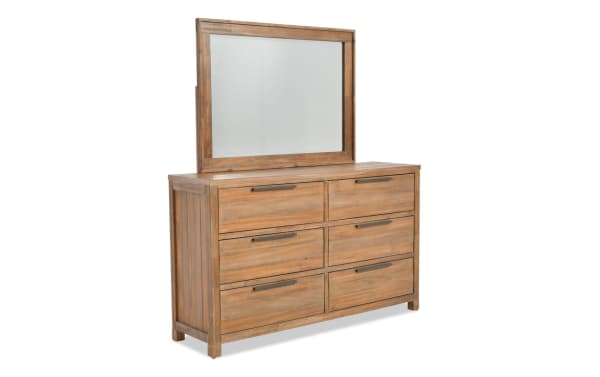 Transitional style Canyon 5 Piece Queen Bedroom Set dresser in light oak with six felt-lined drawers and large rectangular mirror, made of MDF and acacia veneers.