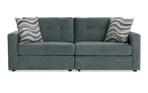 Contemporary Modular Bob® Spa Blue 86'' 2-piece storage loveseat in light blue polyester fabric with memory foam cushions and built-in seat storage.