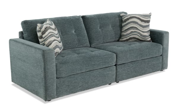 Contemporary Modular Bob® Spa Blue 86'' 2-piece storage loveseat in light blue polyester fabric with memory foam cushions and built-in seat storage.
