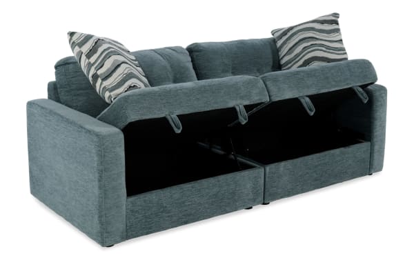 Contemporary Modular Bob® Spa Blue 86'' 2-piece storage loveseat in light blue polyester fabric, featuring memory foam cushions and under-seat storage compartments.