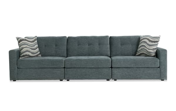 Contemporary Modular Bob® Spa Blue 123'' 3-piece storage sofa set in light blue polyester fabric with armless, left, and right arm facing storage chairs.