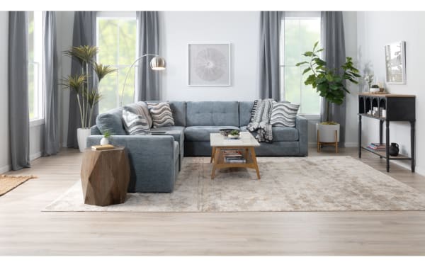 Contemporary Modular Bob® Spa Blue 123'' 3-piece storage sofa set in light blue polyester fabric with memory foam cushions, featuring armless and left/right arm facing storage chairs, ideal for customizable living spaces.