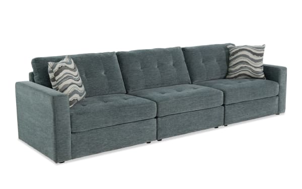 Contemporary Modular Bob® Spa Blue 123'' 3-piece storage sofa in light blue polyester fabric with memory foam cushions and built-in seat storage.