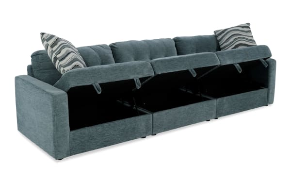 Light blue Modular Bob® Spa Blue 123'' 3-piece contemporary storage sofa with polyester fabric upholstery, memory foam cushions, and under-seat storage compartments.