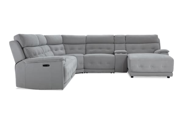 Contemporary Rumor Gray 132'' power reclining 6-piece sectional with right arm chaise, gray polyester fabric upholstery, power headrests, and USB ports.