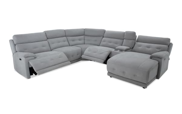 Rumor Gray 132'' power reclining 6-piece sectional with right arm chaise, gray polyester fabric, power headrests, USB ports, cup holders, and contemporary cushion arms.