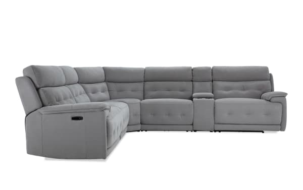 Rumor Gray 131'' power reclining 6-piece sectional in gray polyester fabric with power headrests, storage console, cup holders, and USB ports.