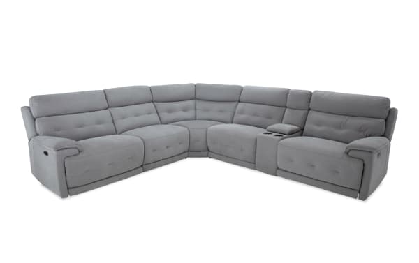 Rumor Gray 131'' power reclining 6-piece sectional in gray polyester fabric with power headrests, built-in USB ports, cup holders, and storage.