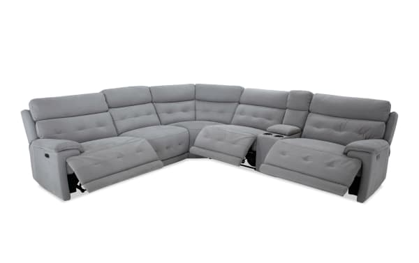 Rumor Gray 131'' power reclining 6-piece sectional sofa with gray polyester fabric, power headrests, cup holders, USB ports, and contemporary cushion arms.