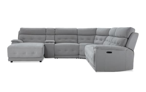 Rumor Gray 132'' power reclining 6-piece sectional with left arm chaise, gray polyester fabric, power headrests, USB ports, storage, and cup holders.