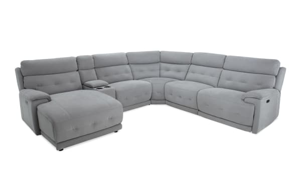 Rumor Gray 132'' power reclining 6-piece sectional with left arm chaise, gray polyester fabric, power headrests, USB ports, cup holders, and storage.