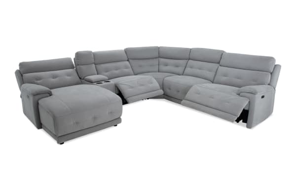 Rumor Gray 132'' power reclining 6-piece sectional with left arm chaise, gray polyester fabric, power headrests, cup holders, USB ports, contemporary style.