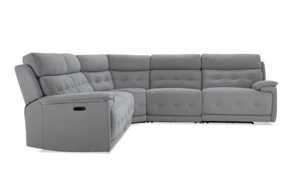 Rumor Gray 118'' power reclining 5-piece sectional with power headrest, gray polyester fabric, contemporary style, plush cushions, and ergonomic design.