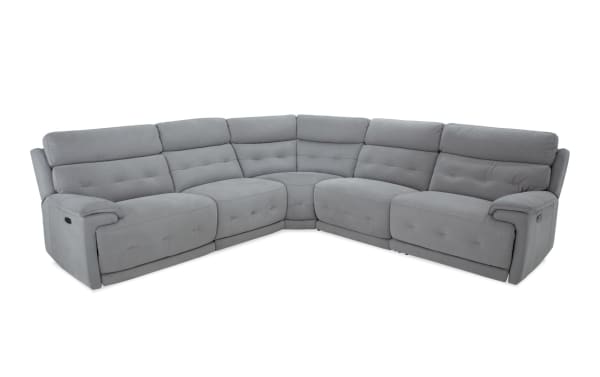Contemporary Rumor Gray 118'' Power Reclining 5 Piece Sectional with power headrests, polyester fabric upholstery, storage, cup holders, USB ports, and plush cushion arms.