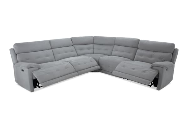 Contemporary Rumor Gray 118'' power reclining 5-piece sectional with gray polyester fabric, power headrests, and plush cushion arms.