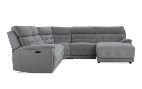 Contemporary Rumor Gray 119'' power reclining 5-piece sectional with right arm facing chaise, gray polyester fabric upholstery, power headrests, and USB ports.