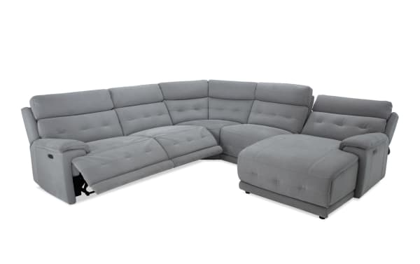 Rumor Gray 119'' power reclining 5-piece right arm facing chaise sectional in gray polyester fabric with power headrests, contemporary cushion arms, and memory foam seating.