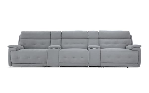 Contemporary Rumor Gray 139'' power reclining sofa with armless chair and power headrest, gray polyester fabric upholstery, plush cushioned arms, built-in USB ports, cup holders, and storage compartments.