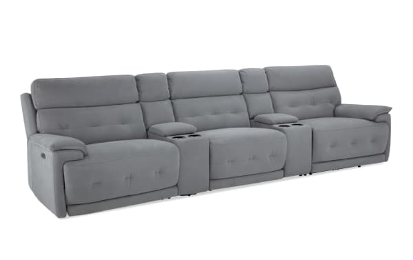 Rumor Gray 139'' power reclining sofa with armless chair and power headrest in gray polyester fabric, featuring cup holders, storage, USB ports, and contemporary cushion arms.