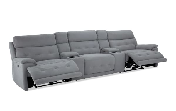 Contemporary Rumor Gray 139'' power reclining sofa with armless chair, gray polyester fabric upholstery, power headrests, cup holders, and USB ports.