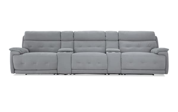 Rumor Gray 139'' power reclining sofa with armless recliner, power headrests, gray polyester fabric upholstery, cup holders, storage, USB ports, and contemporary cushion arms.