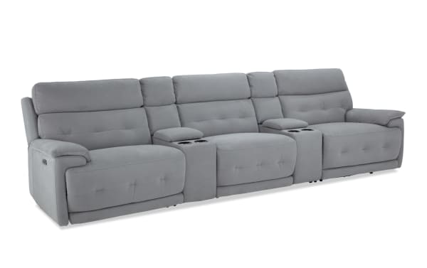 Rumor Gray 139'' power reclining sofa with armless recliner and power headrest in gray polyester fabric, featuring cup holders, storage, USB ports, and contemporary cushion arms.