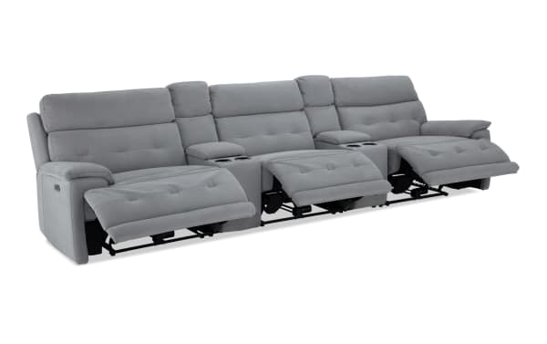 Contemporary Rumor Gray 139'' power reclining sofa with armless recliner and power headrest, gray polyester fabric upholstery, cup holders, storage, USB ports, and memory foam cushions.