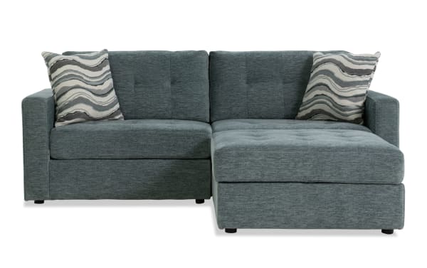 Contemporary Modular Bob® Spa Blue 86'' 3-piece storage loveseat set with left/right arm facing storage chairs and storage ottoman in soft polyester fabric.